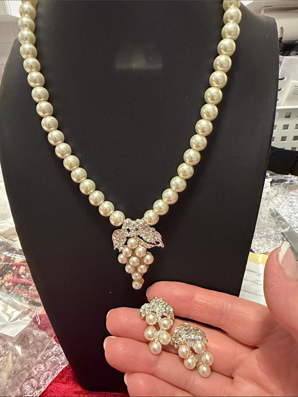 NEW faux pearl rhinestone pierced earrings and necklace never worn